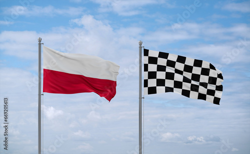 Checkered racing and Poland flags, country relationship concept