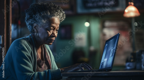 copy space, stockphoto, Aged African American woman working on her laptop. Grandmother man in glasses using laptop. Senior woman using a laptop, modern technology, cyberspace, internet.