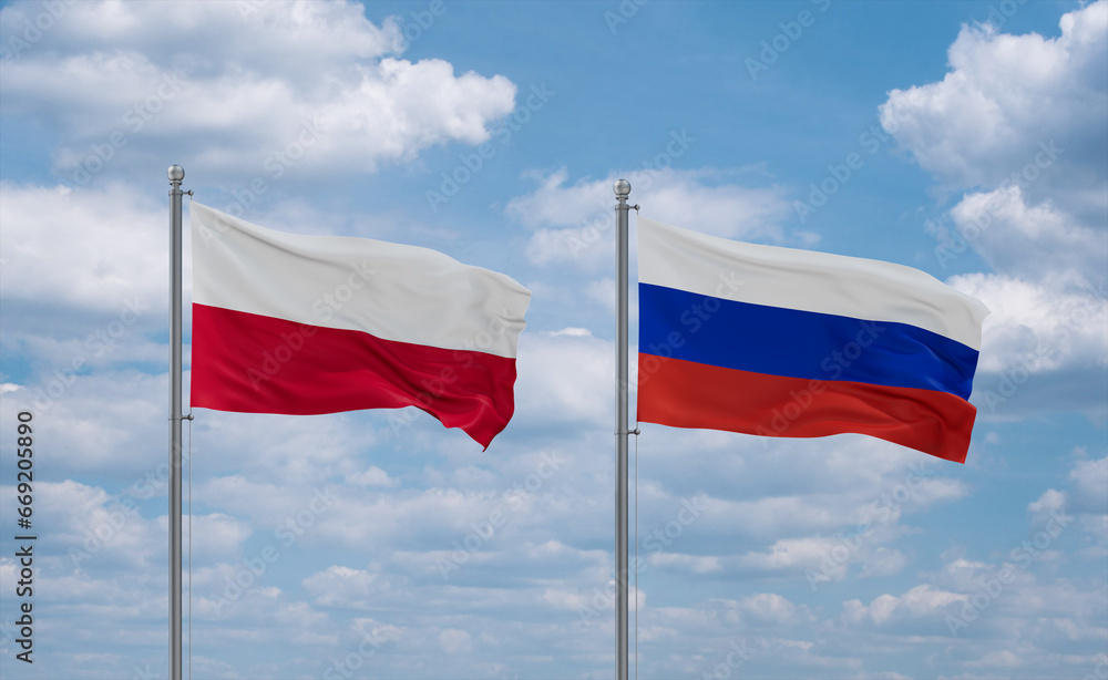 Russia and Poland flags, country relationship concept Russia and Poland flags, country relationship concept
