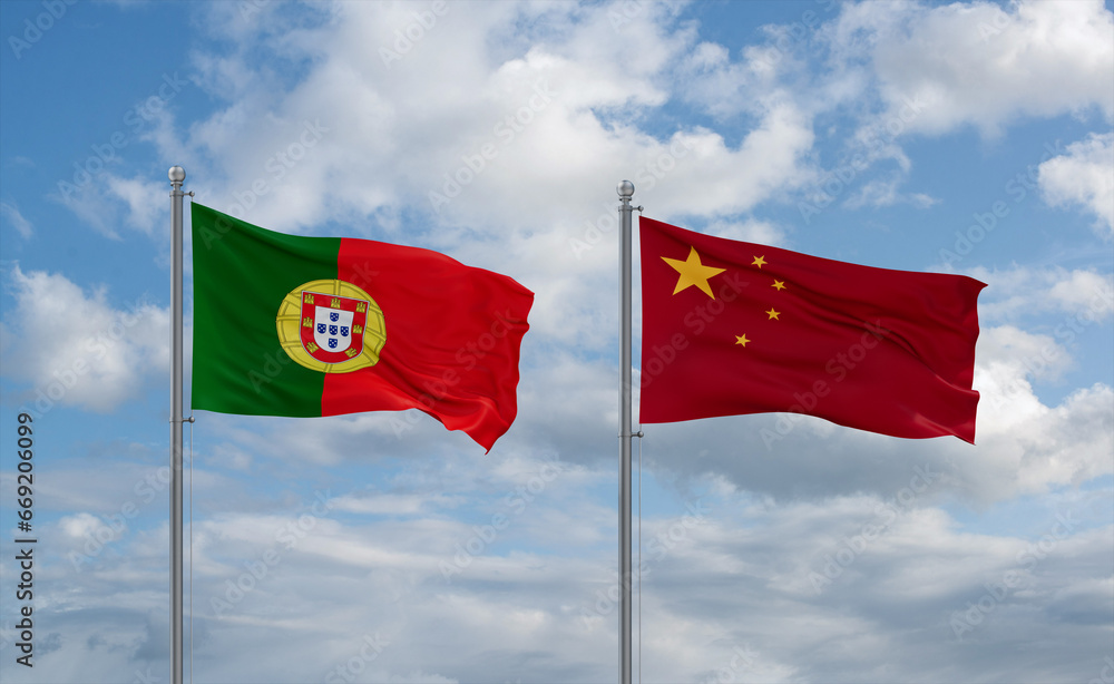 China and Portugal flags, country relationship concept