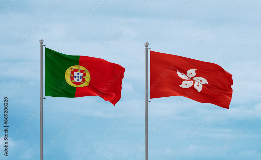 Hong Kong and Portugal flags, country relationship concept Hong Kong and Portugal flags, country relationship concept