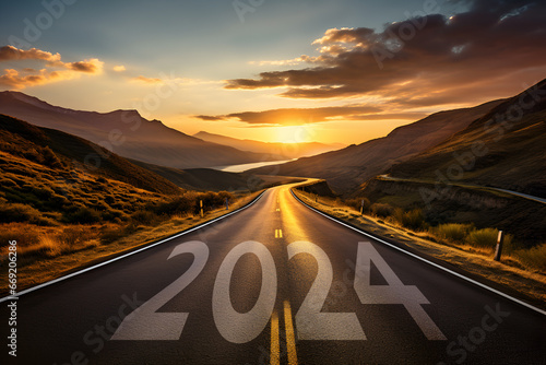 2024 New Year concept. Road trip, travel and future vision. Nature landscape with highway road leading forward to happy new year celebration for fresh and successful start