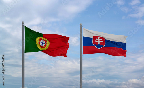 Photography Slovakia and Portugal flags, country relationship concept