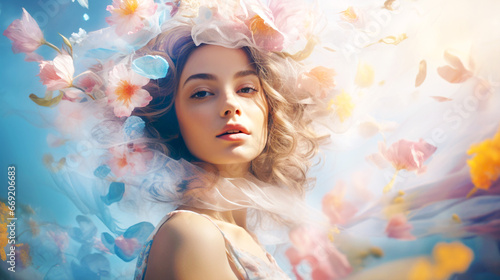 Surreal woman portrait mystical beauty with flowers. Cosmetics advertising. Banner.