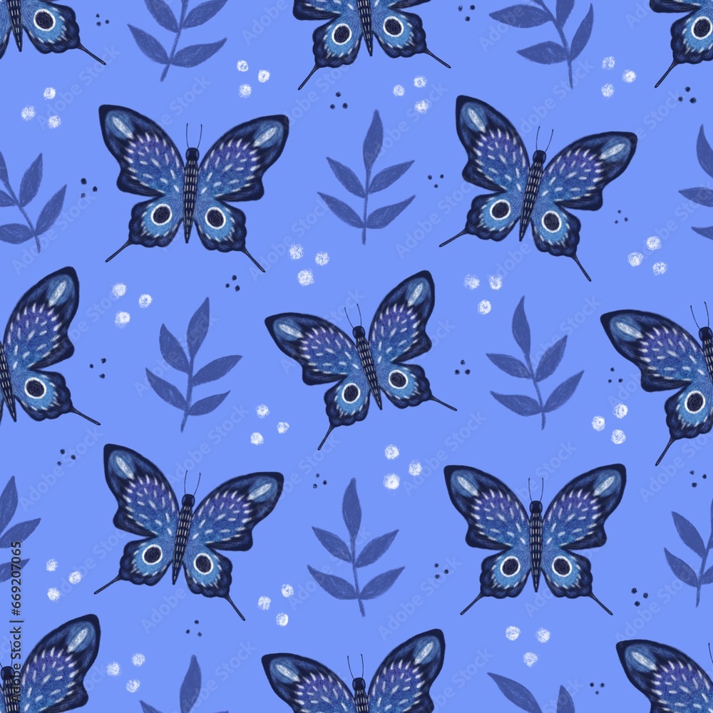 Illustration pattern of blue fantasy butterflies with plants and white dots on the blue-lilac background.