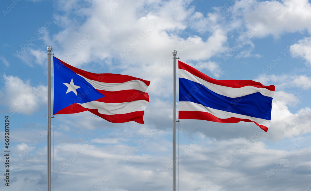 Fototapeta premium Thailand and Puerto Rico flags, country relationship concept