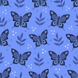 Illustration pattern of blue fantasy butterflies with plants and white dots on the blue-lilac background.