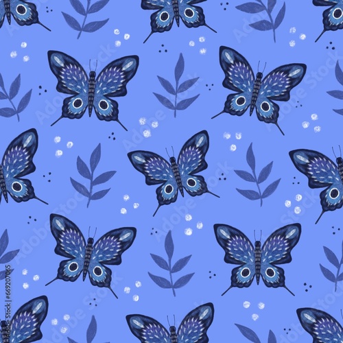 Illustration pattern of blue fantasy butterflies with plants and white dots on the blue-lilac background.