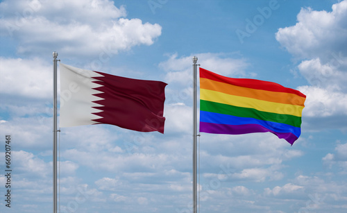 Gay Pride and Qatar flags, country relationship concept