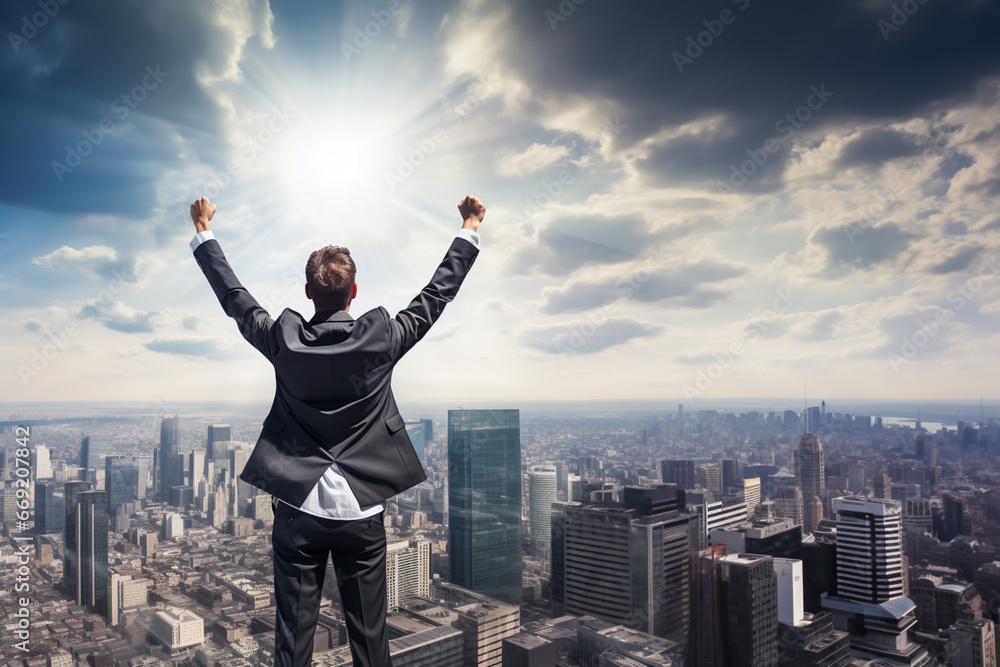Successful businessman raising arms like a winner standing on roof Successful businessman raising arms like a winner standing on roof