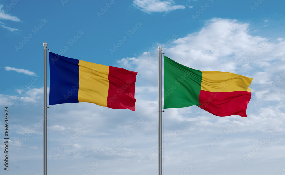 Benin and Romania flags, country relationship concept Benin and Romania flags, country relationship concept