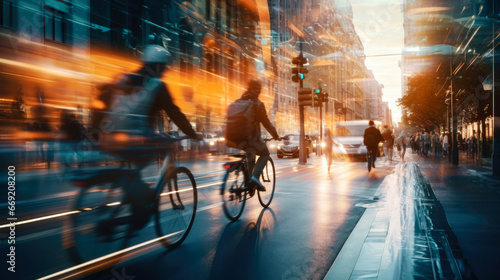 Blurred shots of businesspeople riding bicycles in a city.