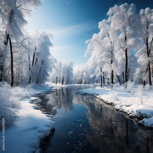 Winter wonderland A serene, snow-covered landscape with glistening trees and a peaceful, icy river under the soft, pastel hues of the setting sun