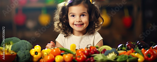Little girl eats raw vegetable or healthy food in kitchen.