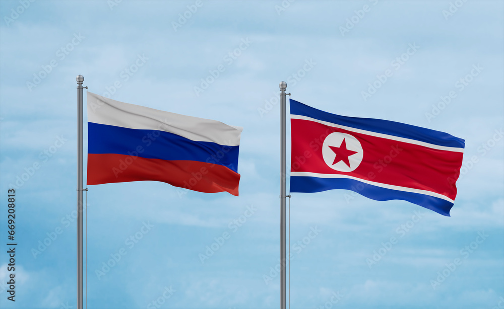 North Korea and Russia flags, country relationship concept North Korea and Russia flags, country relationship concept