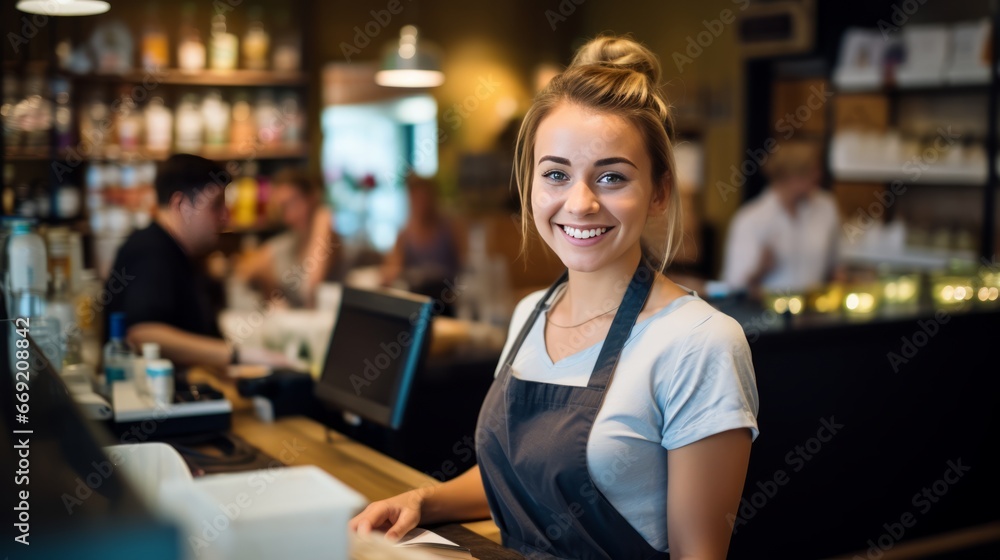 smiling, young and attractive saleswoman, cashier serving customers