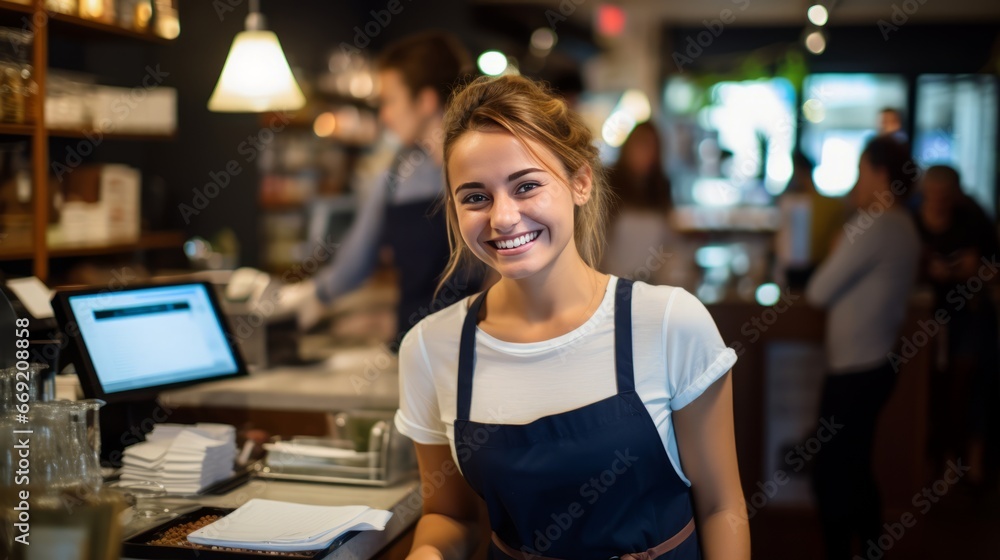 smiling, young and attractive saleswoman, cashier serving customers