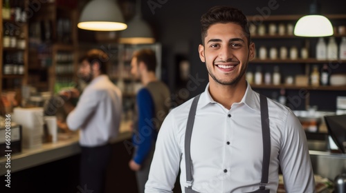 smiling, young and attractive salesman, cashier serving customers