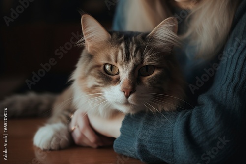 cat resting on a woman's lap at home