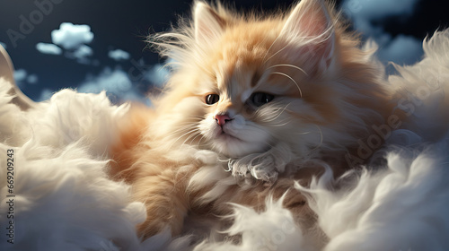 Fluffy Cat in a Dreamy Cloudscape: A Digital Art Portrait
