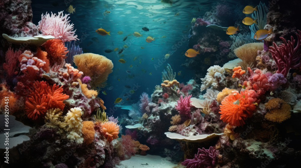 Vibrant underwater ecosystem illuminated by sunlight. Diverse coral formations surrounded by schools of fish.