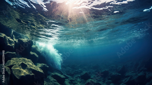 Sunlight pierces the water's surface, revealing rocky underwater terrain. Ethereal play of light creates patterns on submerged rocks