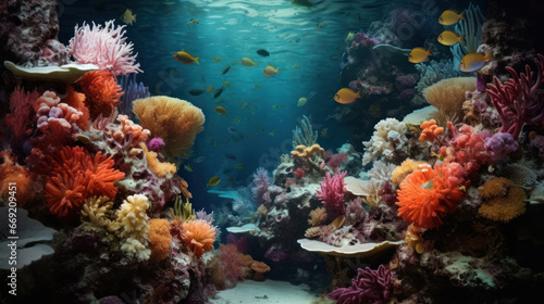 Vibrant underwater ecosystem illuminated by sunlight. Diverse coral formations surrounded by schools of fish.