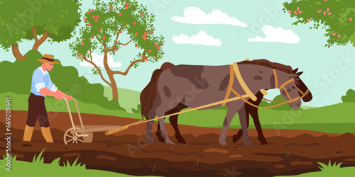 Cartoon retro countryside scene with farmer and animals working to cultivate organic grain, old agriculture technology and production. Farm horses plowing soil of field with plow vector illustration