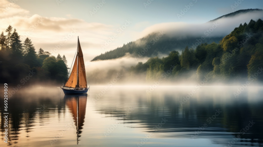 a sailboat on a misty dawn lake - obrazy, fototapety, plakaty 