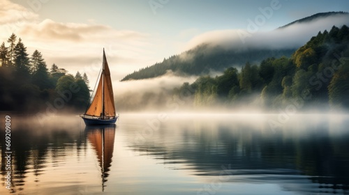 a sailboat on a misty dawn lake photo