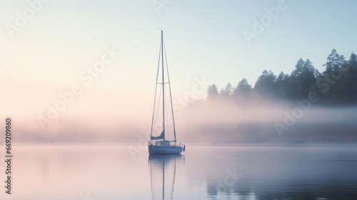a sailboat on a misty dawn lake
