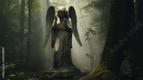 angel in the cemetery, a vintage statue representing an angel in a cemetery in the woods