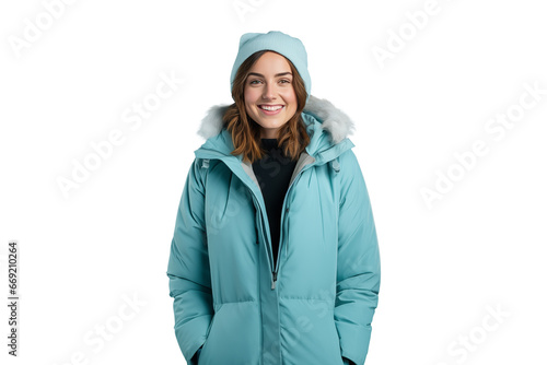young woman in blue parka with hat, winter fashion