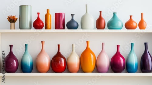 colorful ceramic vases lined up on white shelf