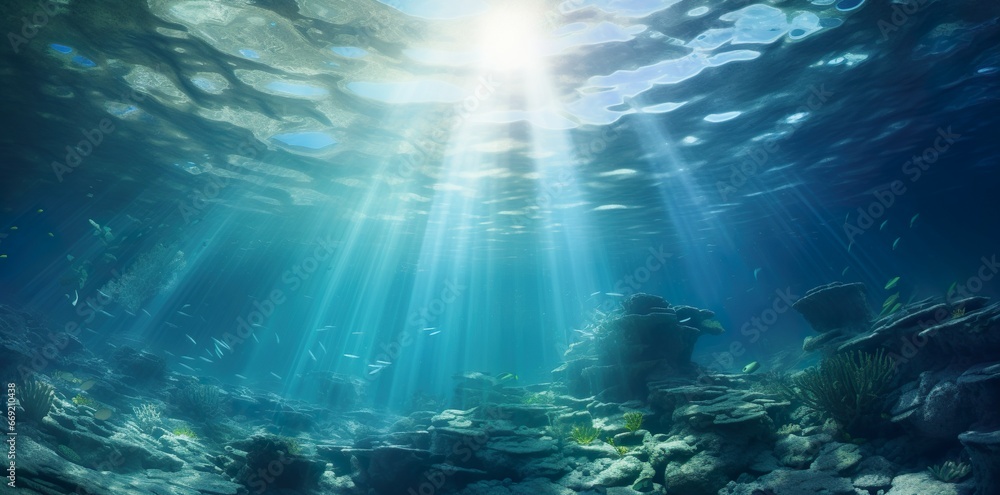 Fototapeta premium Scenic Underwater Beauty Sunlit Blue Ocean Background, Beautiful blue ocean background with sunlight and undersea scene