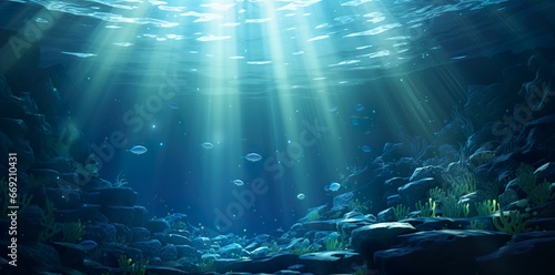 Scenic Underwater Beauty Sunlit Blue Ocean Background, Beautiful blue ocean background with sunlight and undersea scene