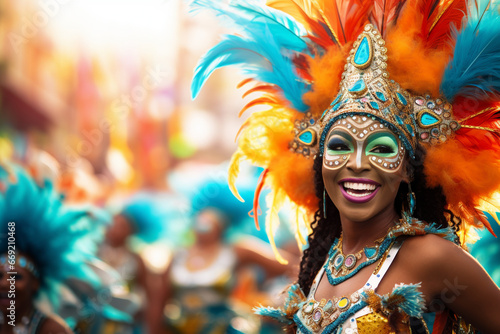 A vibrant samba parade with colorful floats and dancers, love and creativity with copy space