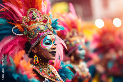 A vibrant samba parade with colorful floats and dancers, love and creativity with copy space