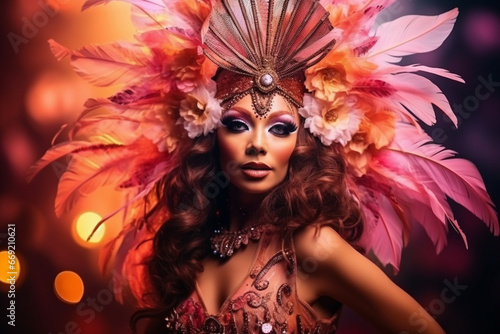 A flamboyant Carnival queen in her dazzling costume, love and creativity with copy space