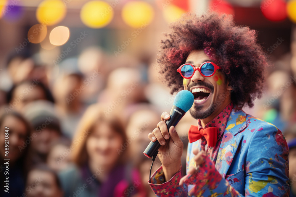 A charismatic street performer entertaining the carnival crowd, love and creativity with copy space