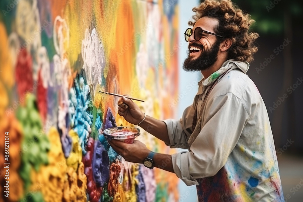 A charismatic carnival street artist painting a mural, love and creativity with copy space A charismatic carnival street artist painting a mural, love and creativity with copy space