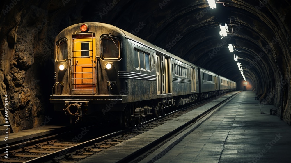 Naklejka premium subway train in a tunnel section cut