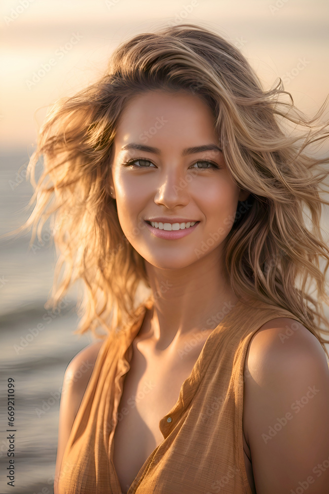 Beautiful young blonde woman walking on the beach with wind blowing into her hair. Portrait of stunning woman enjoying the weather at the beach with sunlight shining on her face.