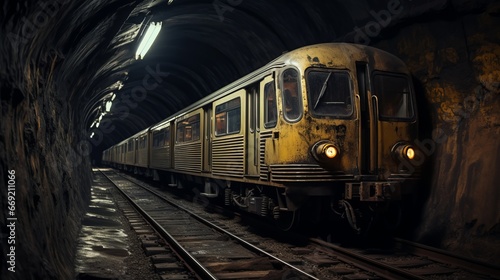 abandoned subway train in a tunnel section cut