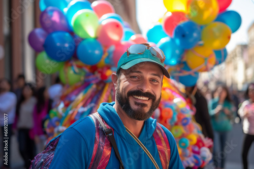 A colorful balloon vendor surrounded by carnival revelers, love and creativity with copy space