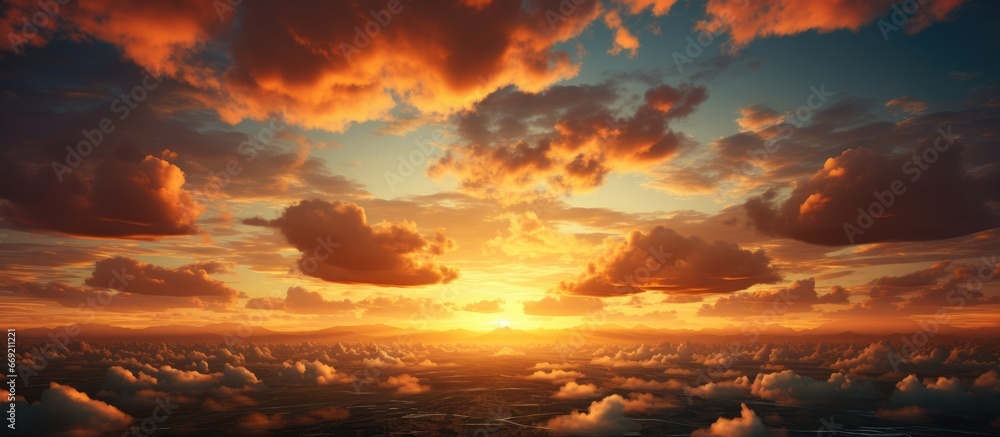 The evening sky looked like a bright golden sky. The sunset is decorated with clouds. Looks very beautiful
