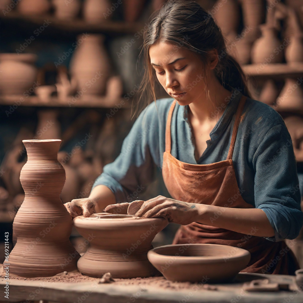 Charming handicraftsman shows how to work with clay and pottery wheel. A woman working on a potter wheel in pottery workshop. A Family business shop sculpts pot from clay Generative AI

 - obrazy, fototapety, plakaty 