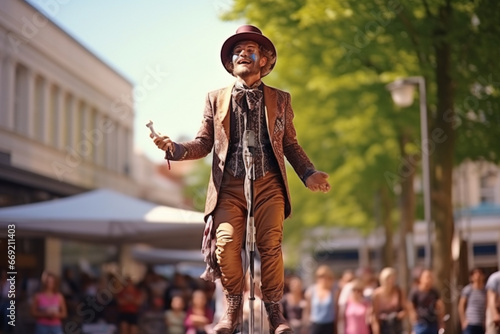 A charismatic street performer on stilts entertaining the crowd, love and creativity with copy space photo