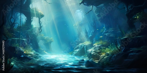 Scenic Underwater Beauty Sunlit Blue Ocean Background, Beautiful blue ocean background with sunlight and undersea scene