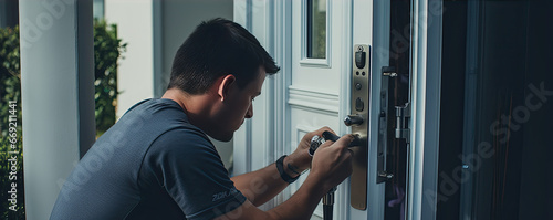 Worker install of a lock on the front door. locksmith working on unlock the door knob. photo